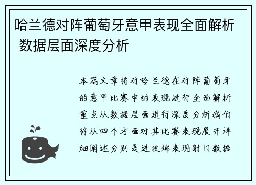 哈兰德对阵葡萄牙意甲表现全面解析 数据层面深度分析