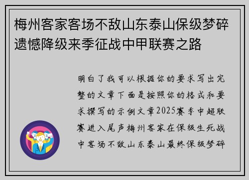 梅州客家客场不敌山东泰山保级梦碎遗憾降级来季征战中甲联赛之路
